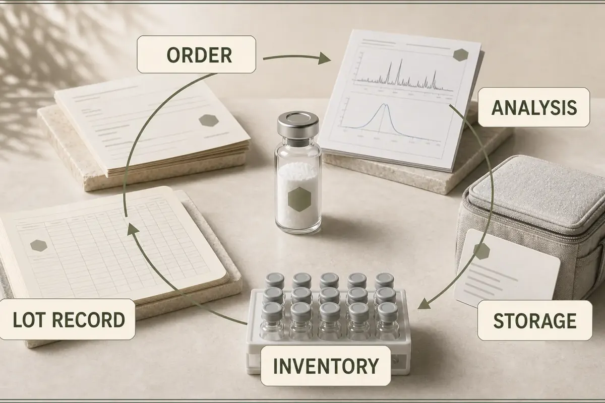 A circular audit trail links an order to analysis, storage, inventory and its lot record.