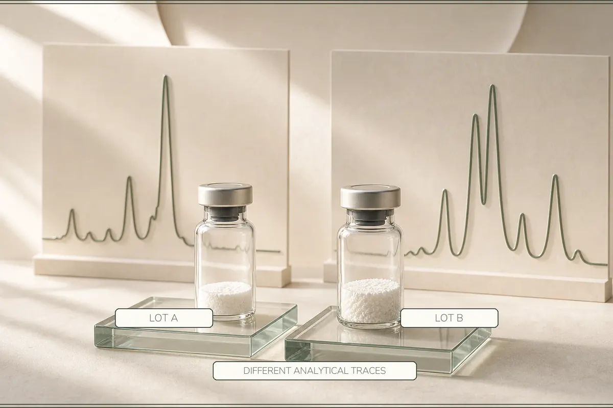 Two near-identical sealed lots stand before analytical panels with clearly different trace patterns.
