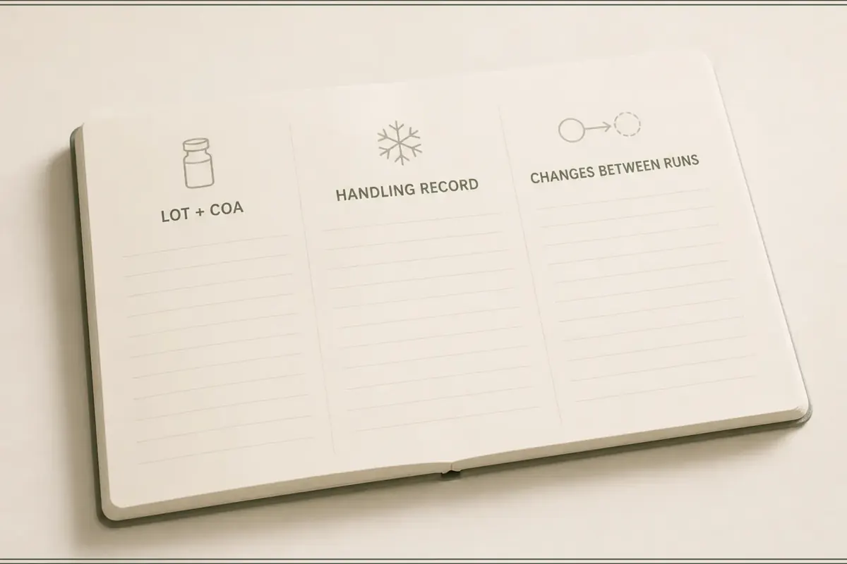 An open research-plan notebook separates lot and COA records, handling records, and changes between runs.
