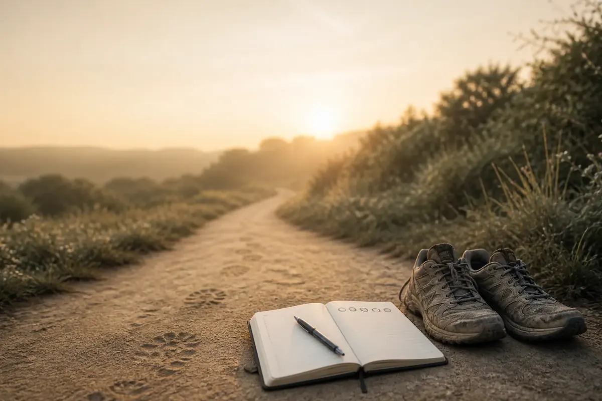 Worn walking shoes and a training record sit at the start of a footprint-marked path in the dawn light.