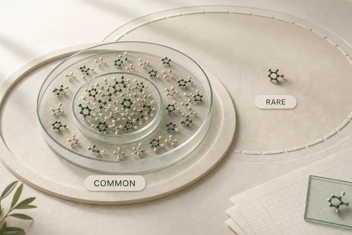 Dense common-event markers sit inside nested evidence fields while one rare marker remains isolated outside.