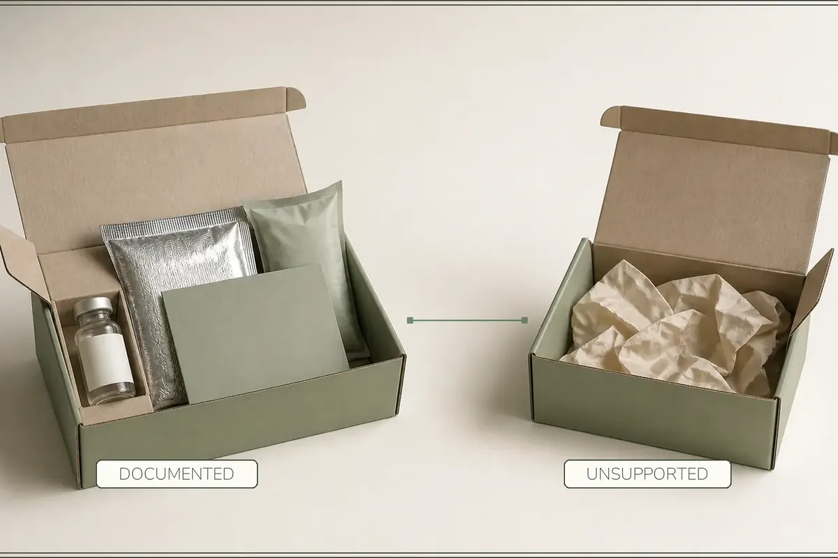 A documented parcel containing a vial, insulated pouch and cold pack is contrasted with a parcel holding only packing paper.