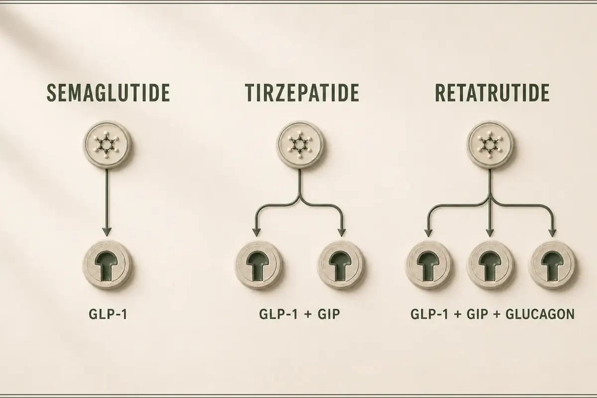 Semaglutide, tirzepatide and retatrutide models branch respectively to one, two and three receptor targets.