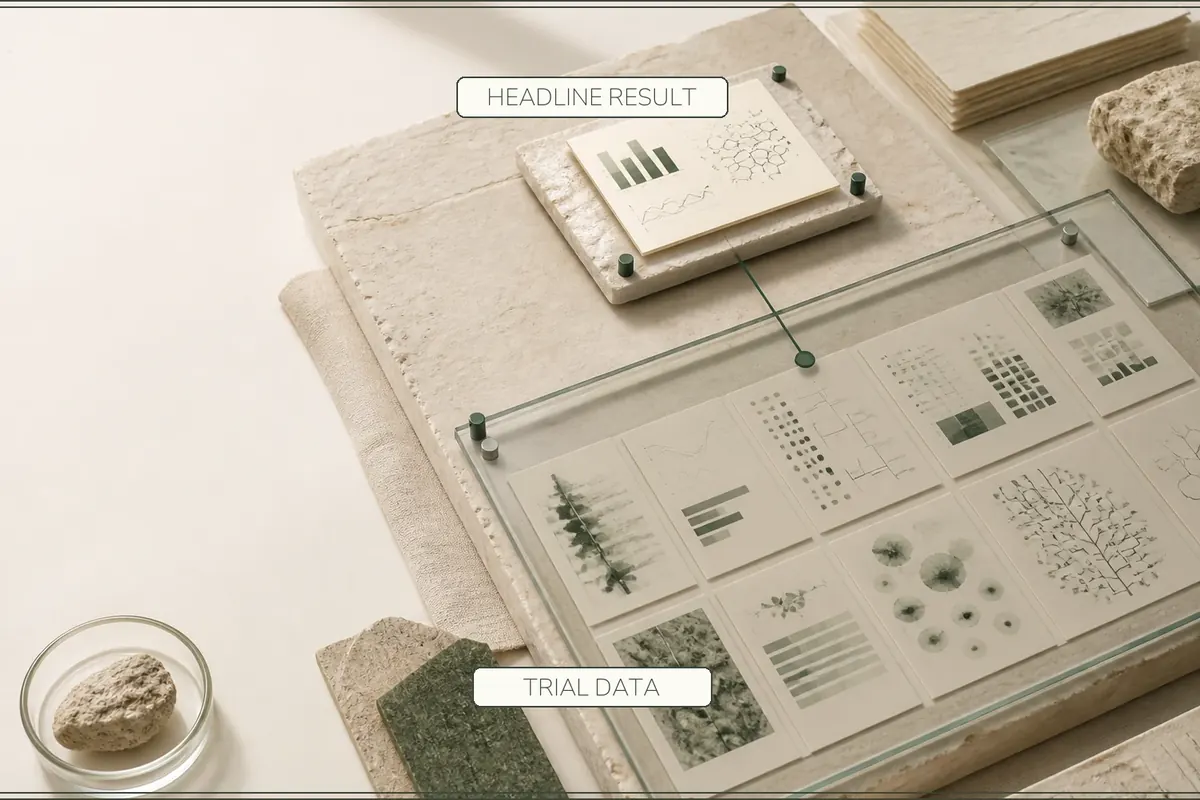 A headline-result tile is raised above a larger glass-covered field of trial-data panels.