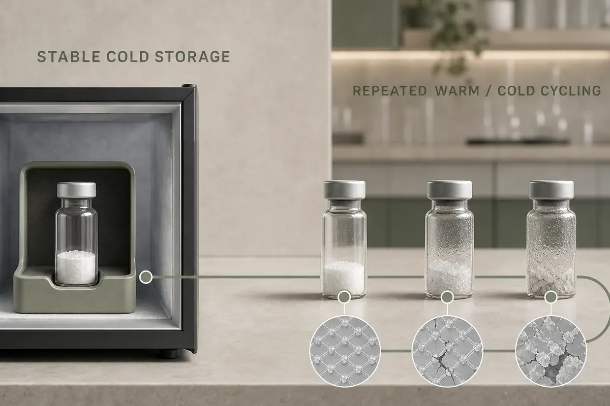 Stable cold storage preserves a reagent vial while repeated warm-cold transitions accumulate condensation and structural damage.