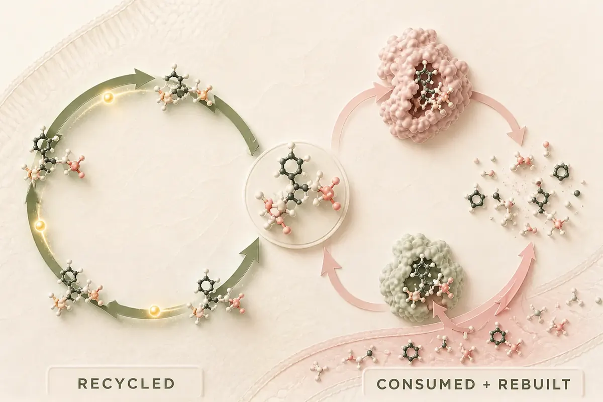 A green molecular loop recycles its carrier while a blush enzyme pathway consumes and rebuilds it.