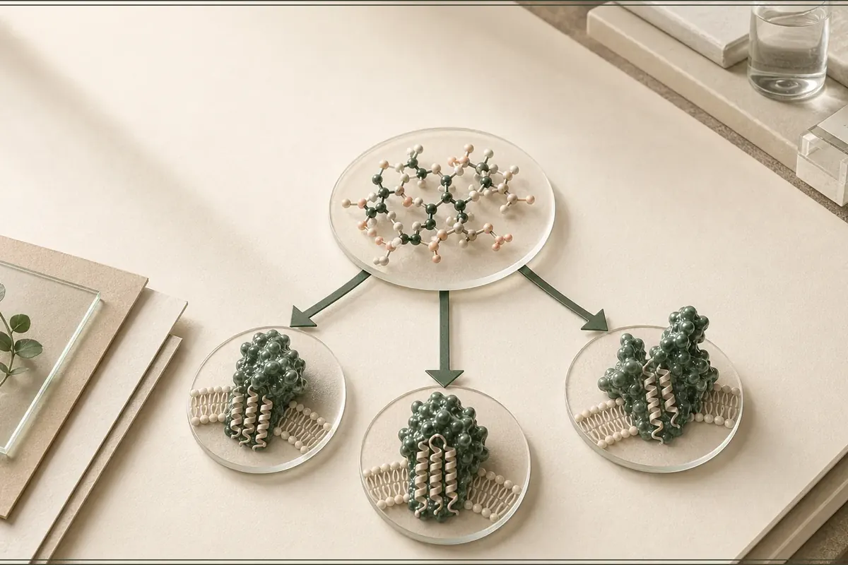 One molecular form branches into three distinct receptor structures on a cream research tableau.