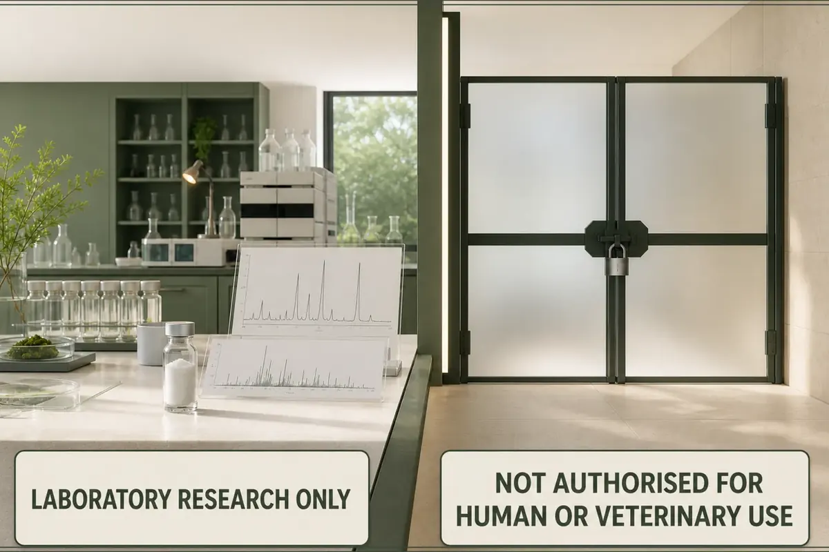 An open laboratory research zone sits beside a locked boundary marked not authorised for human or veterinary use.
