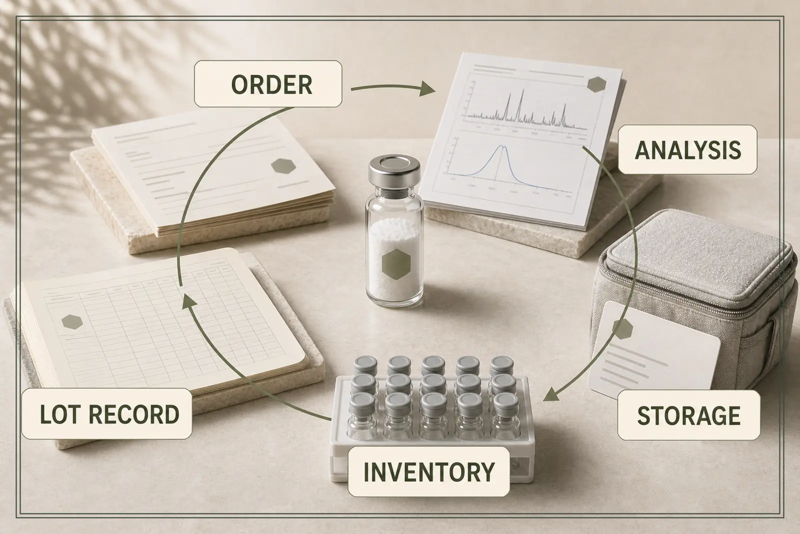 A matching lot marker links a reagent order to analysis, cold-chain storage records and its final inventory position.