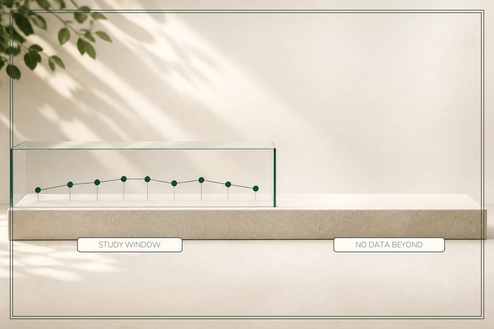 Measured data points end inside a glass study window while the continuous field beyond remains empty.