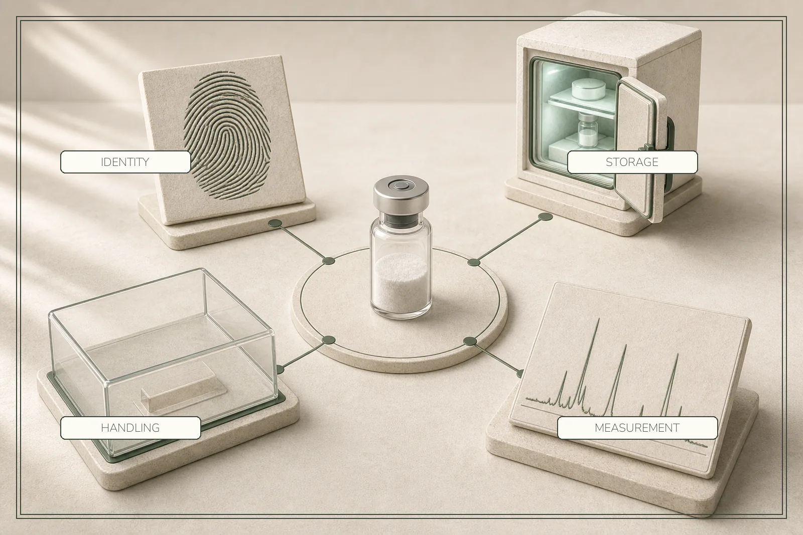 A sealed research sample connects to four modules for identity, storage, handling and measurement.