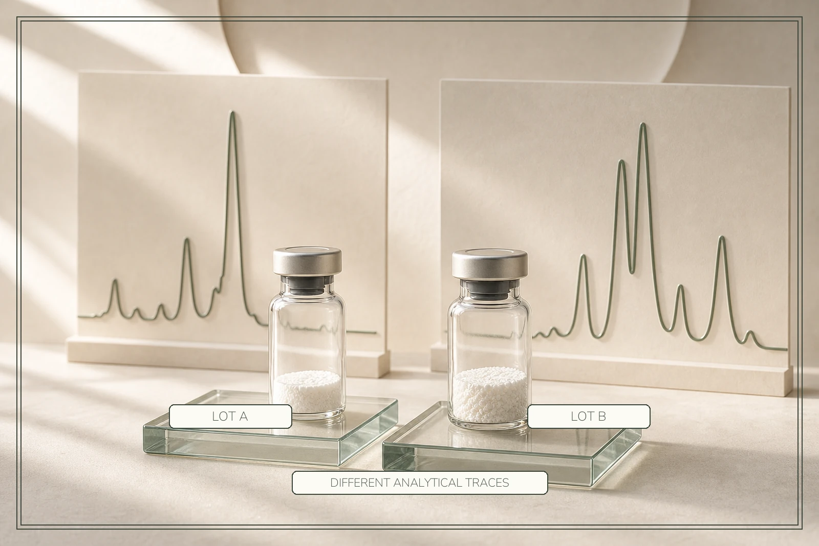 Two near-identical sealed lots stand before analytical panels with clearly different trace patterns.