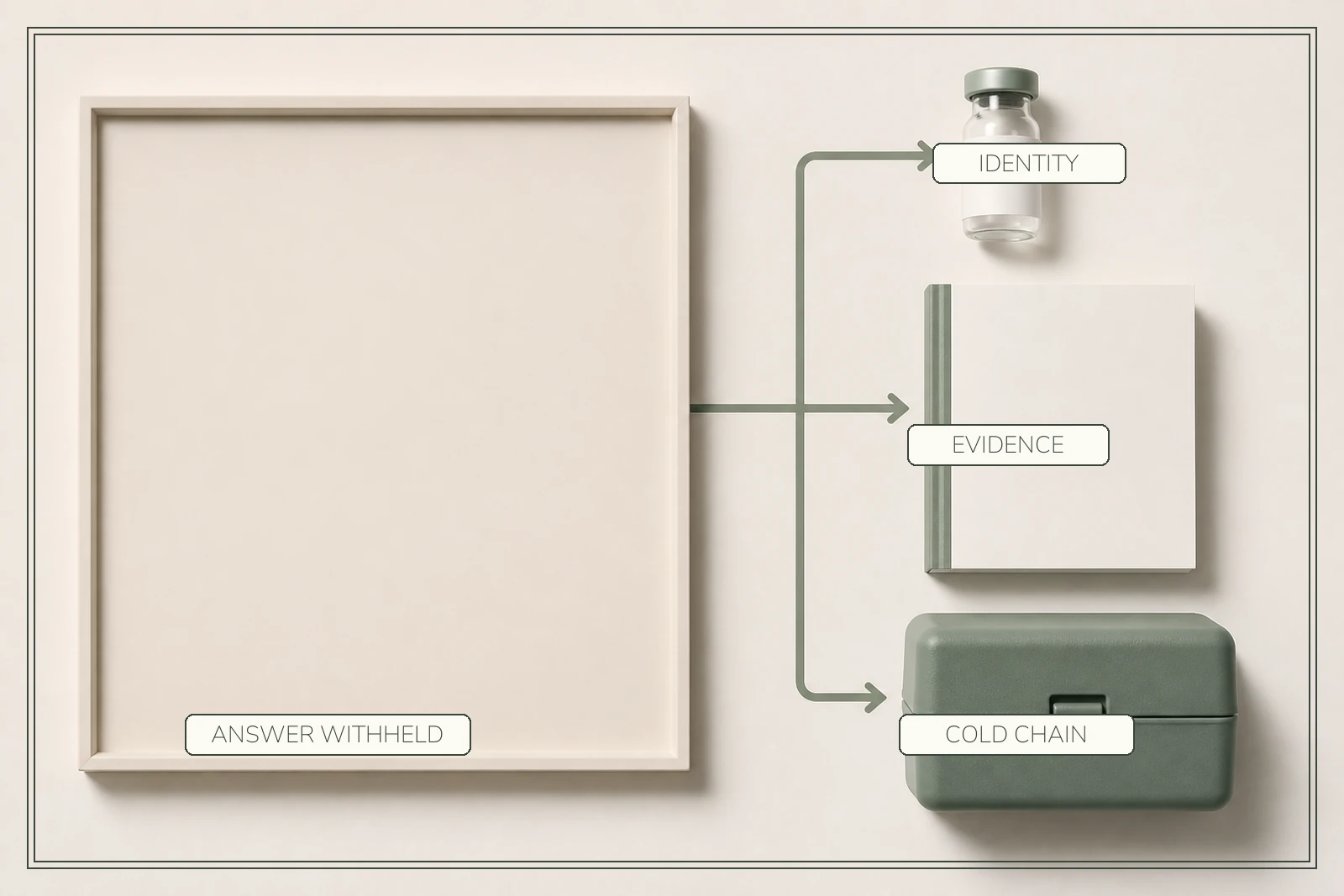 A completely empty answer frame branches instead to a sealed vial, an evidence dossier and a cold-chain case.