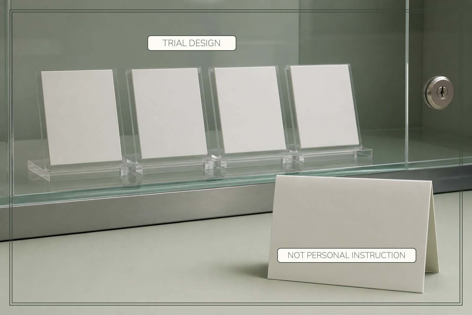 Four blank trial-design cards are enclosed behind locked glass while a separate personal-instruction card remains outside.