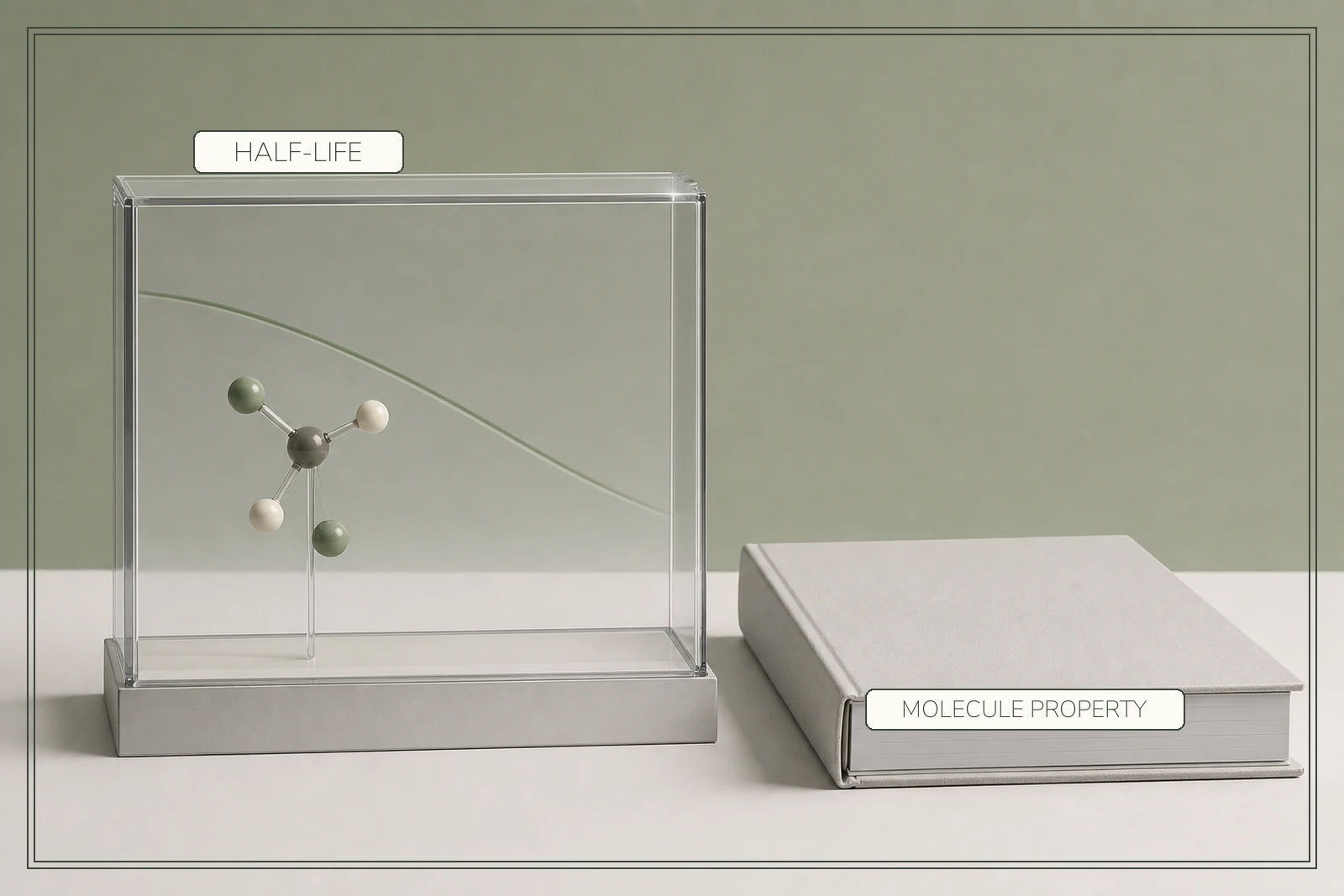 A molecular model and a descending persistence curve sit inside a clear case beside a closed evidence book.