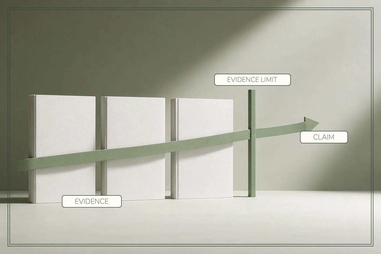 Three blank evidence panels support a rising claim arrow only until a vertical evidence-limit bar.