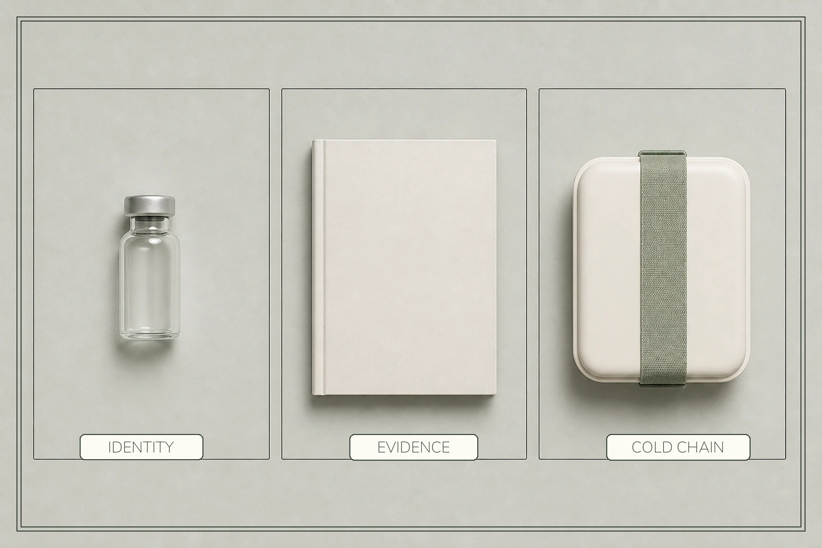 A plain research vial, blank evidence dossier and strapped cold-chain container occupy three separate verification bays.