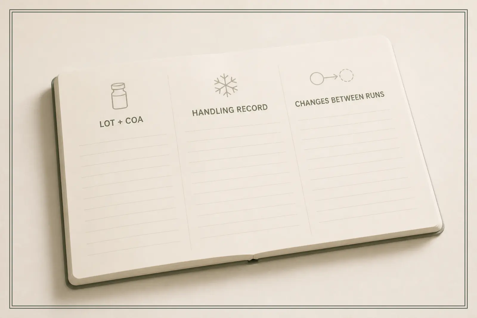 Five embossed plan cards for identity, lot, storage, assay and endpoint fan from an open research dossier.