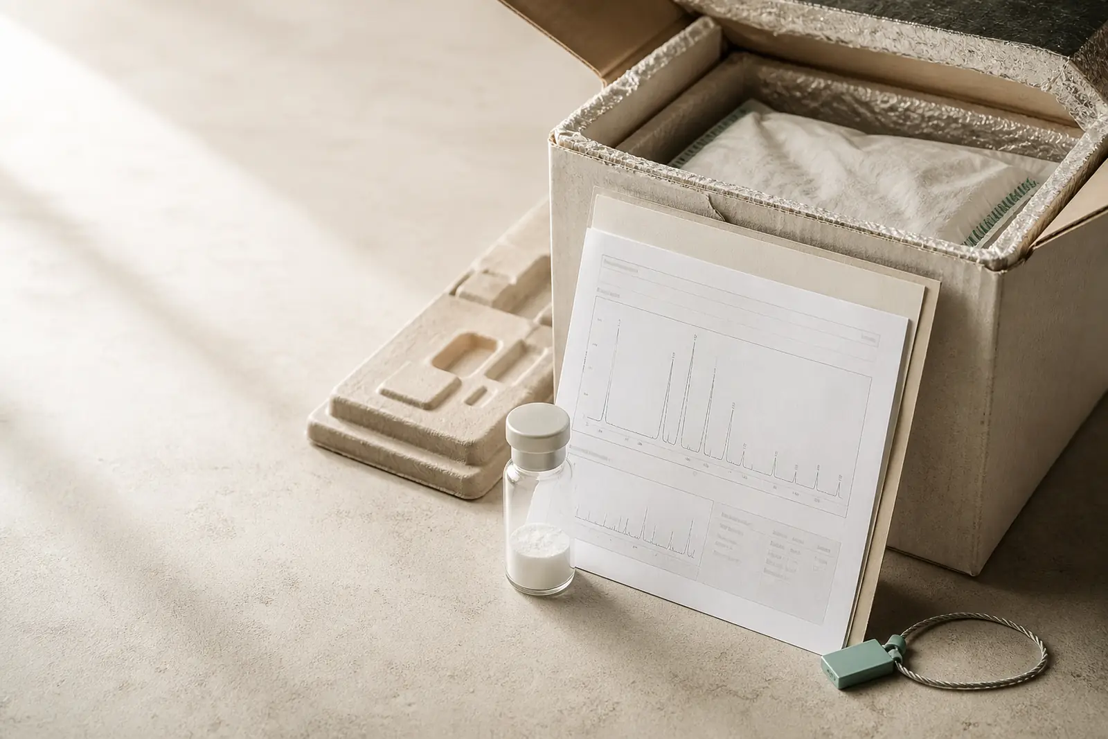 An opened insulated research shipment pairs a sealed vial with its analytical certificate and tamper loop.