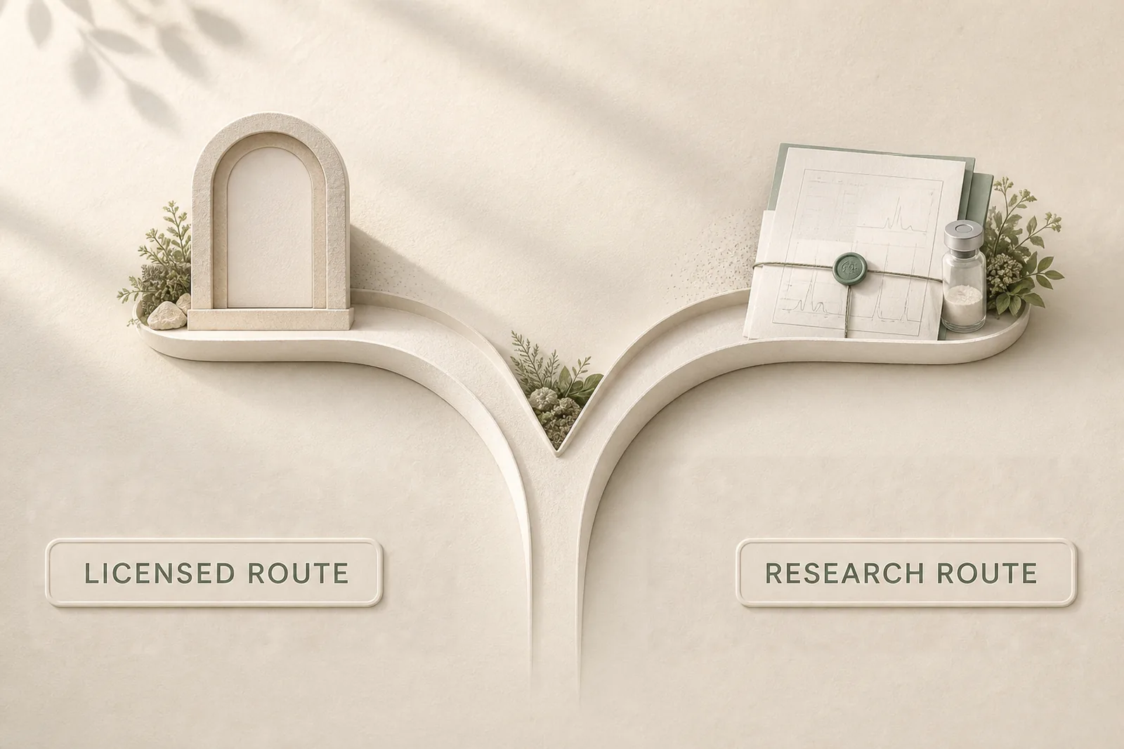 A forked route ends at a closed licensed portal on one side and a documented research vial on the other.