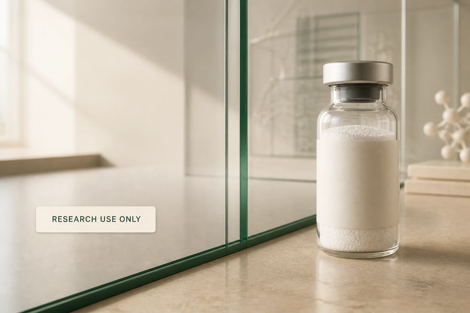 A sealed research vial stands behind a firm glass boundary beside the label Research Use Only.