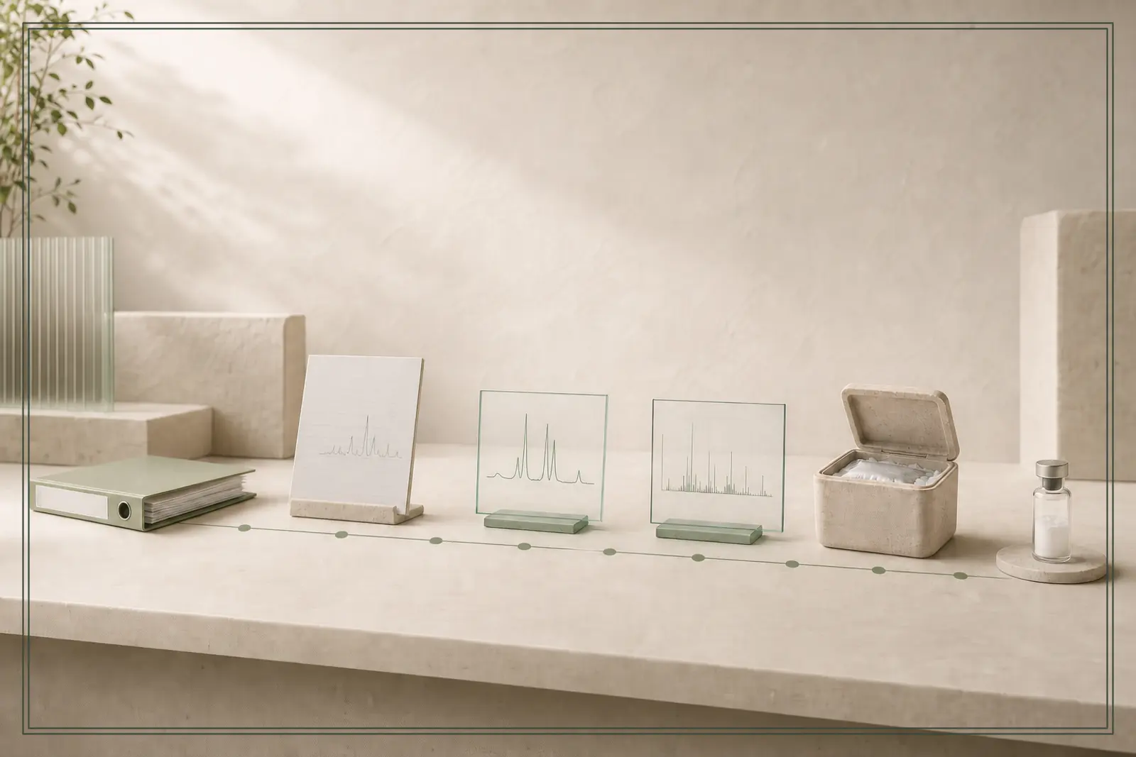A supplier folder, analytical trace panels, cold-chain case and sealed vial form one connected evidence sequence.