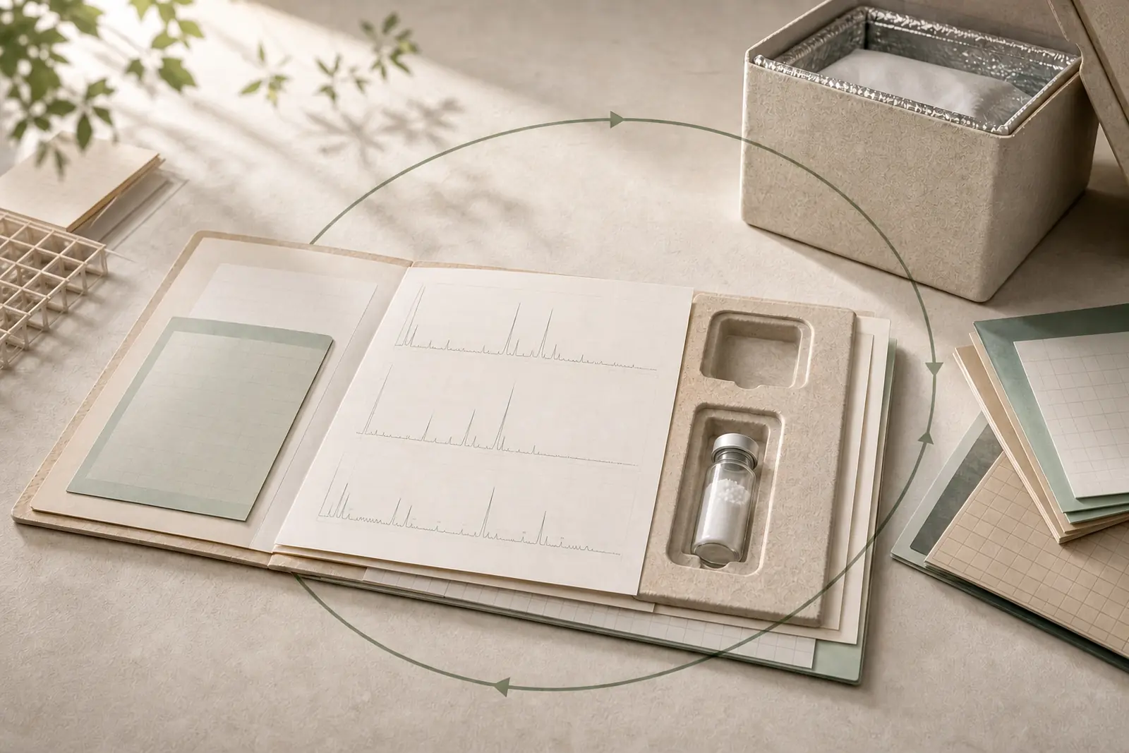 An open lot dossier links analytical traces and a fitted vial to an insulated shipper in one recorded system.