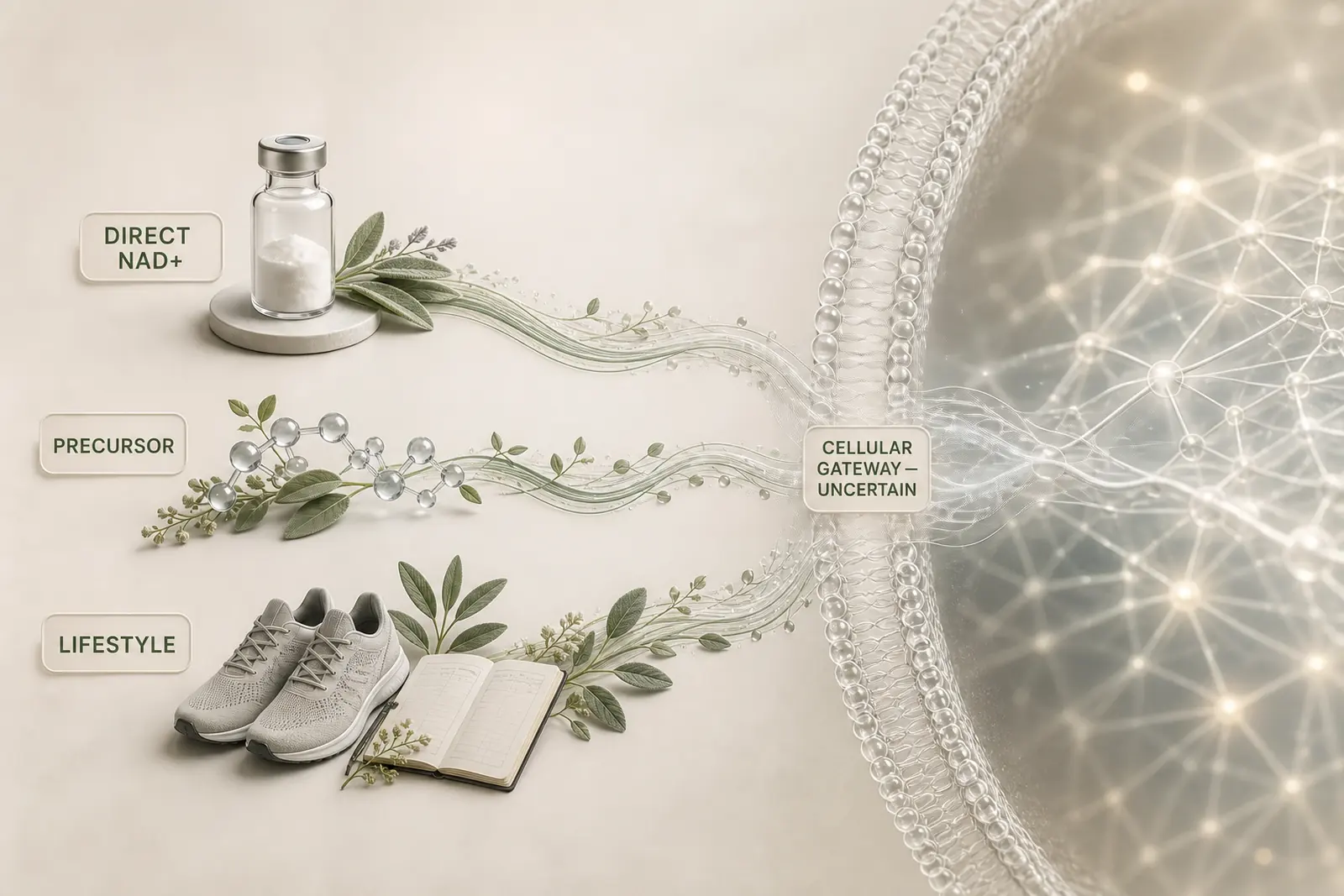 Direct NAD+, precursor and lifestyle routes approach a cellular gateway where every onward path becomes uncertain.
