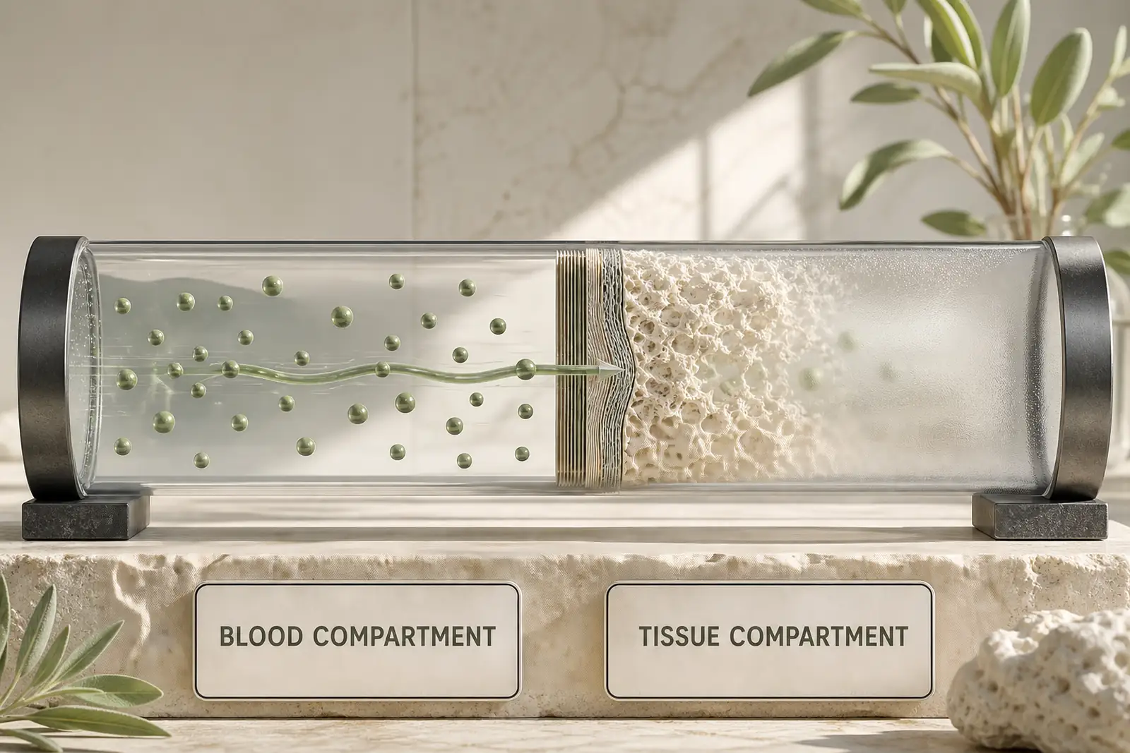 A transparent biological membrane separates a marker-filled blood compartment from a distinct porous tissue compartment.