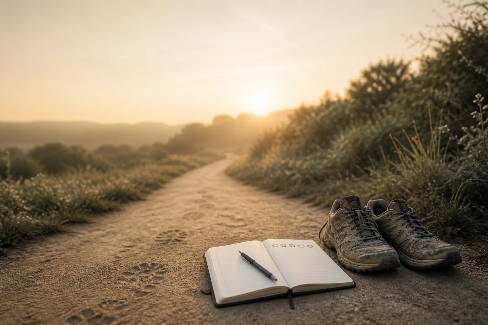 Worn walking shoes and a training record sit at the start of a footprint-marked path in the dawn light.