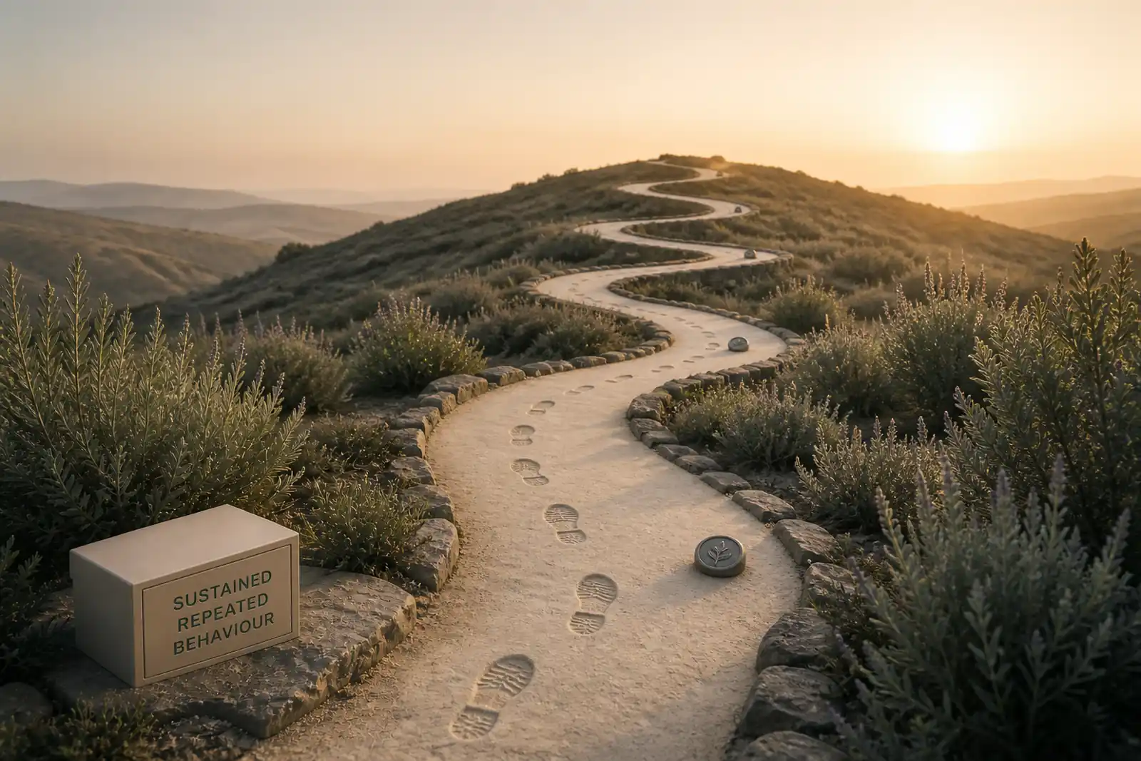 Repeated shoeprints continue along the same established path while a closed box remains beside the starting point.