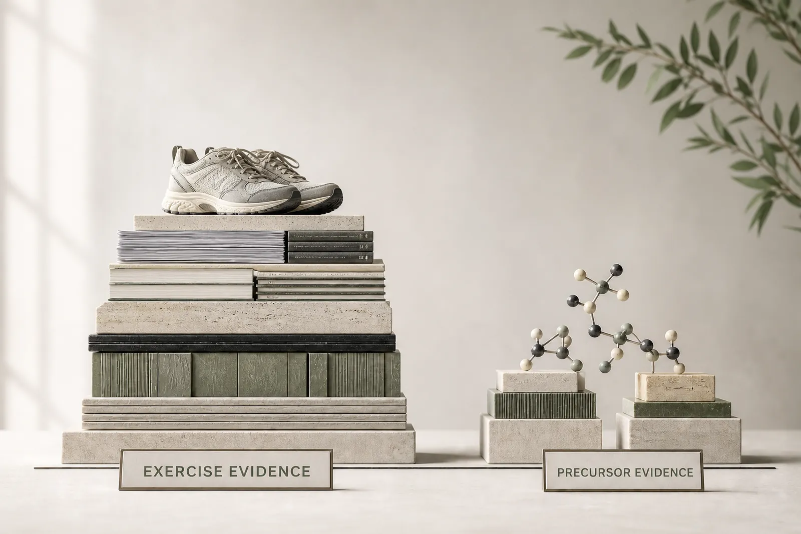 A broad stack of exercise studies stands beside a materially smaller foundation of precursor evidence.