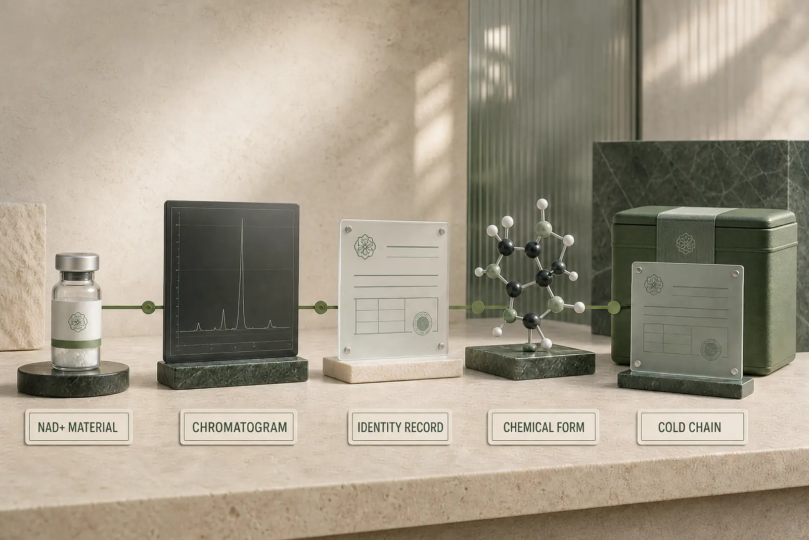NAD+ research material connects in sequence to a chromatogram, identity record, chemical form and cold-chain evidence.
