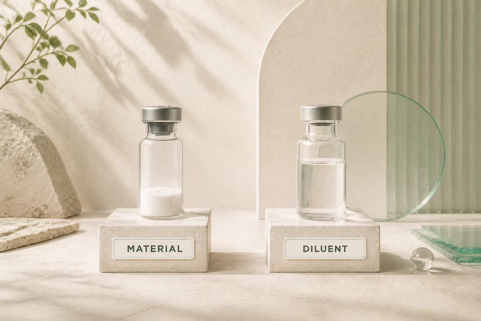 Sealed material and clear diluent stand separately on labelled laboratory plinths before combination.