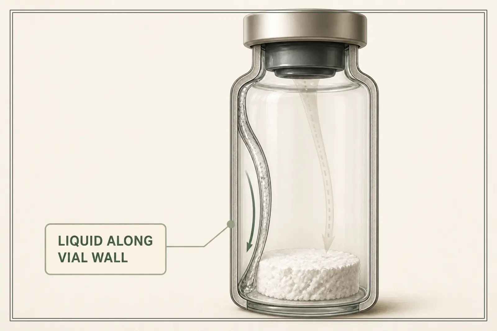 A vial cutaway shows liquid following the inner glass wall beside an undisturbed lyophilised cake.