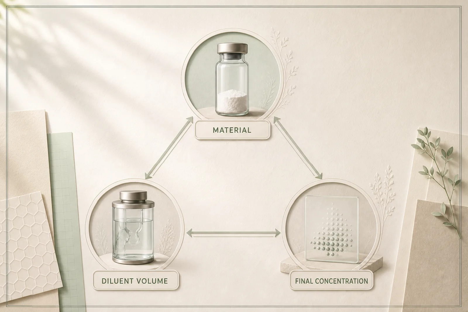 Material, diluent volume and final concentration form a three-way non-numeric relationship.
