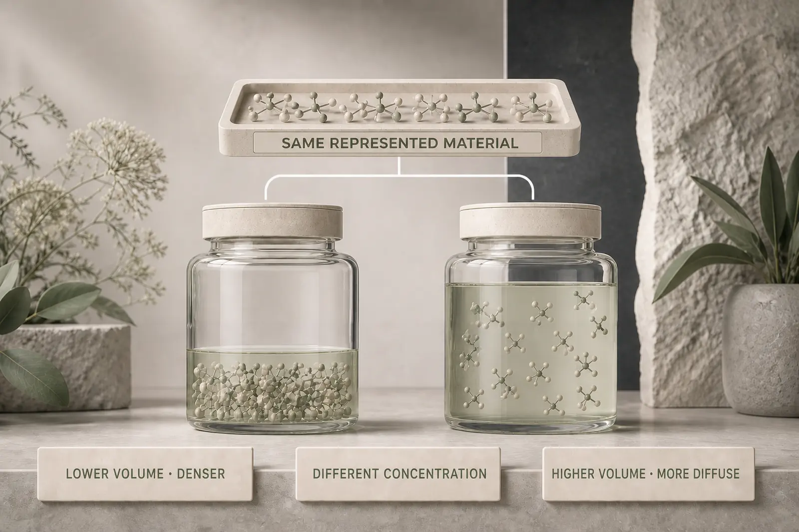 The same represented material appears densely in a lower liquid volume and more diffusely in a higher liquid volume.
