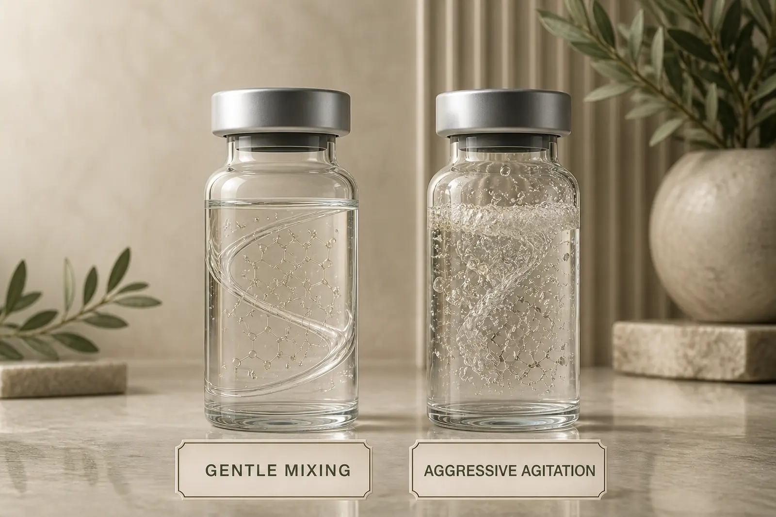A gently mixed clear vial retains an ordered structure while an aggressively agitated vial foams and disrupts it.