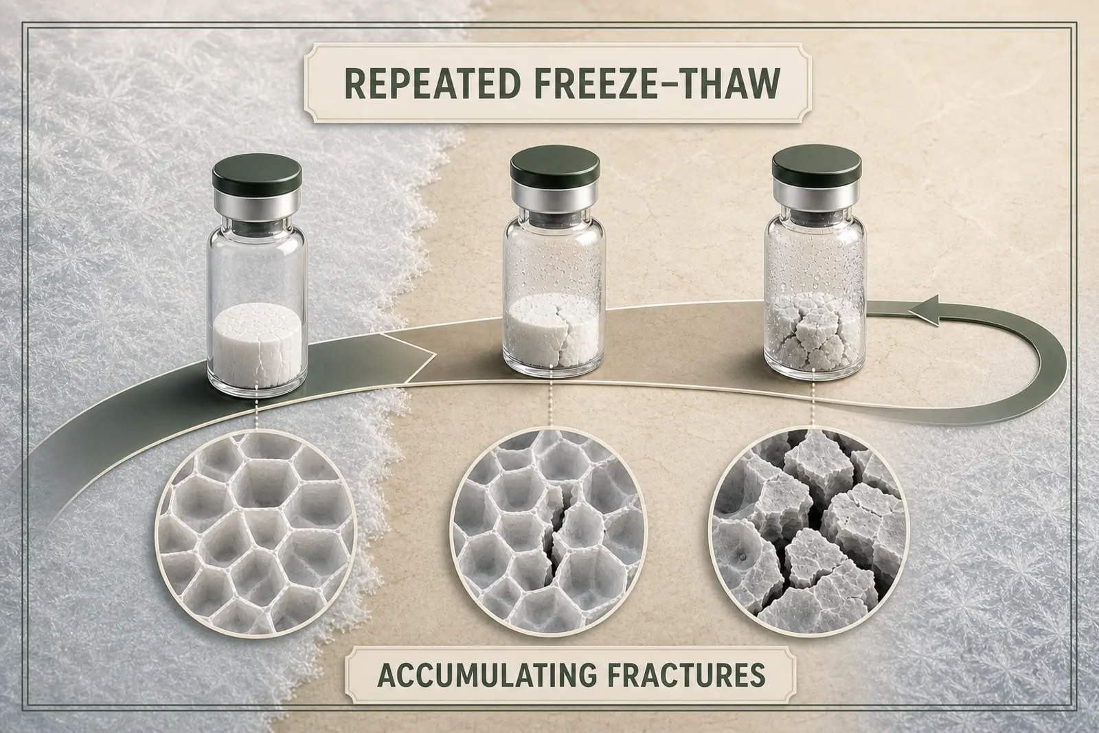 Repeated movement between frozen and thawed states adds progressively larger fractures to a lyophilised structure.