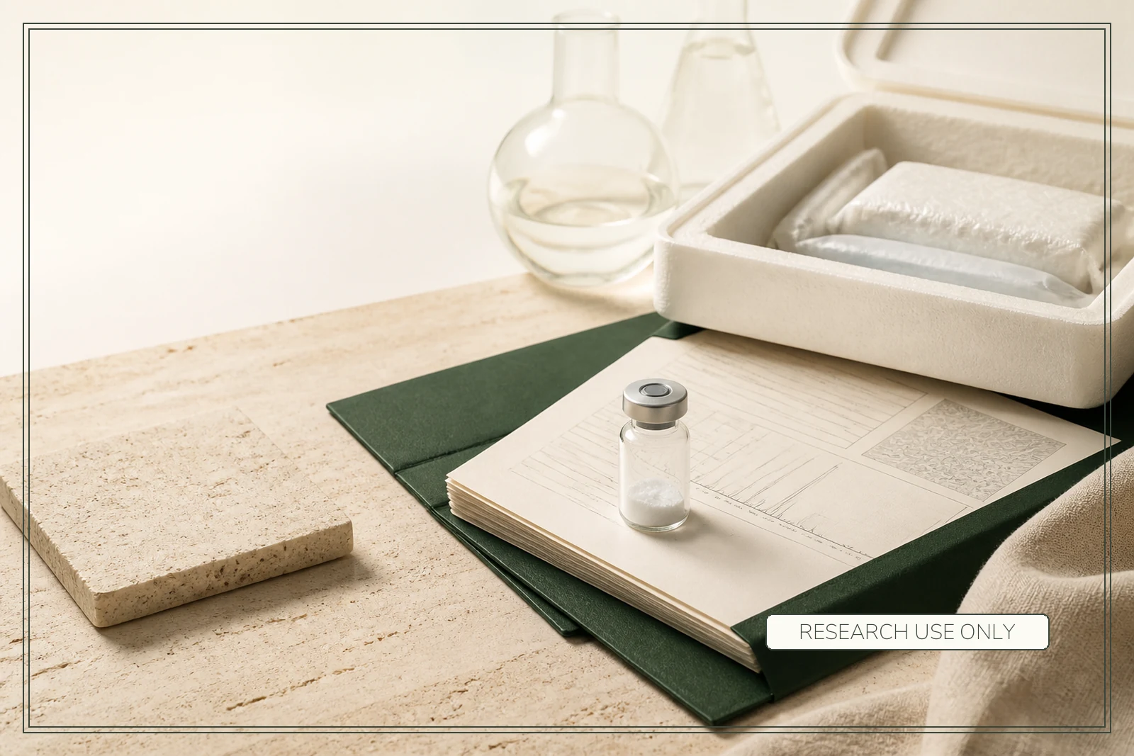 A sealed research vial stands on a clipped evidence record beside an open insulated transport case.