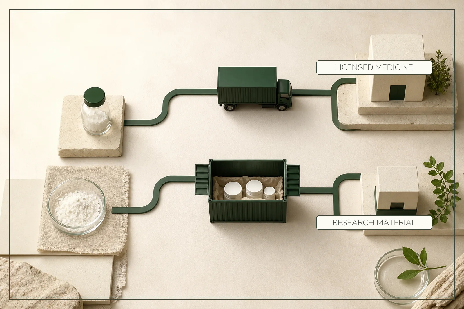 Two separate supply lanes connect laboratory materials to different licensed-medicine and research-material endpoints.