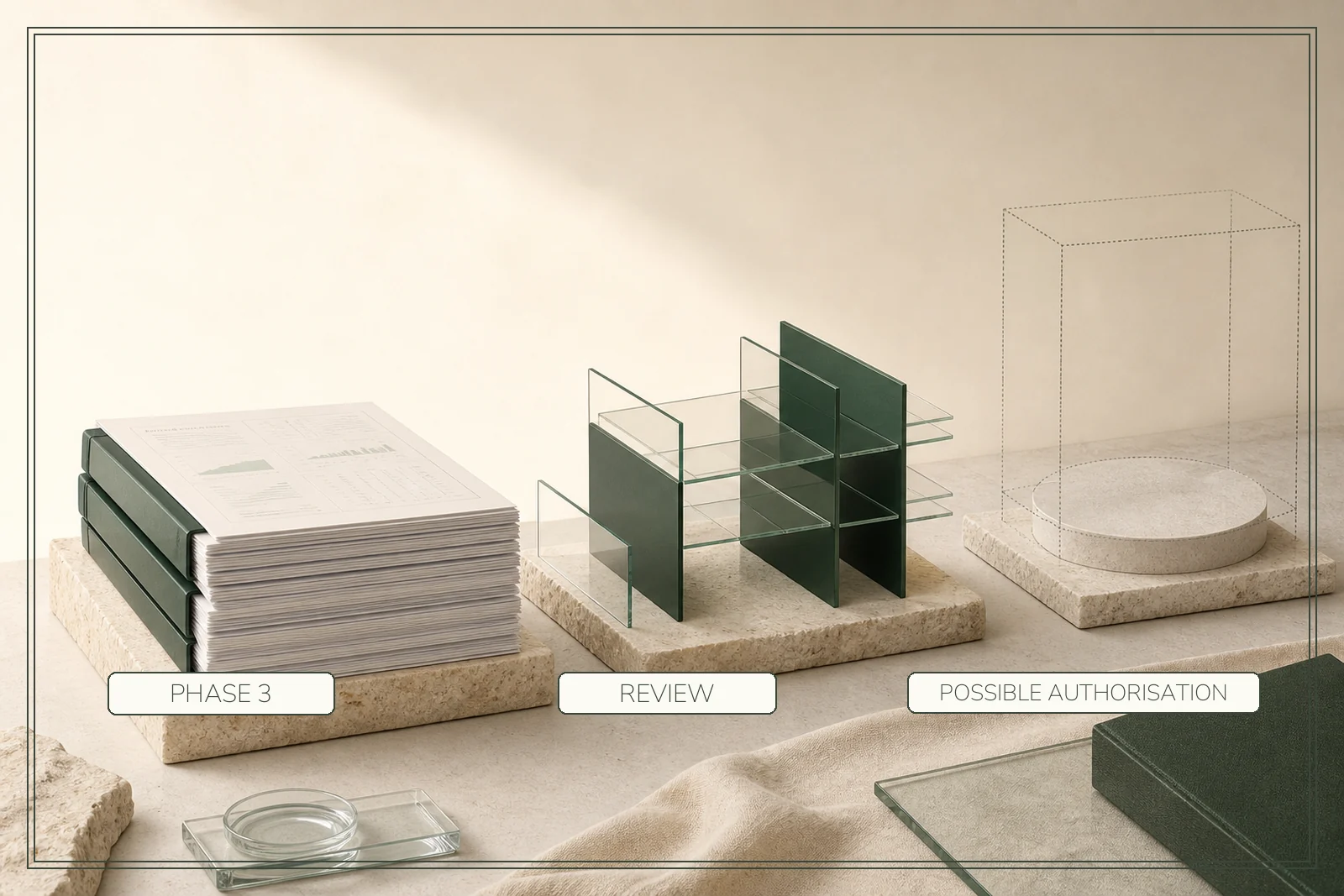 A stack of current evidence leads through review panels toward a faint, unbuilt possible-authorisation stage.