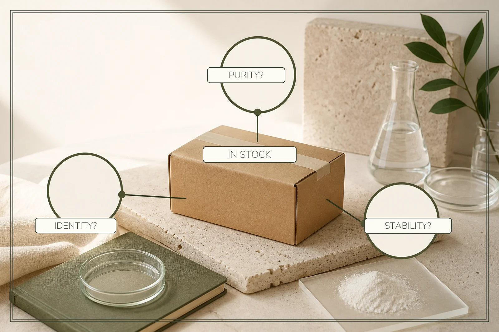 A sealed parcel sits between three unanswered evidence checkpoints for identity, purity and stability.