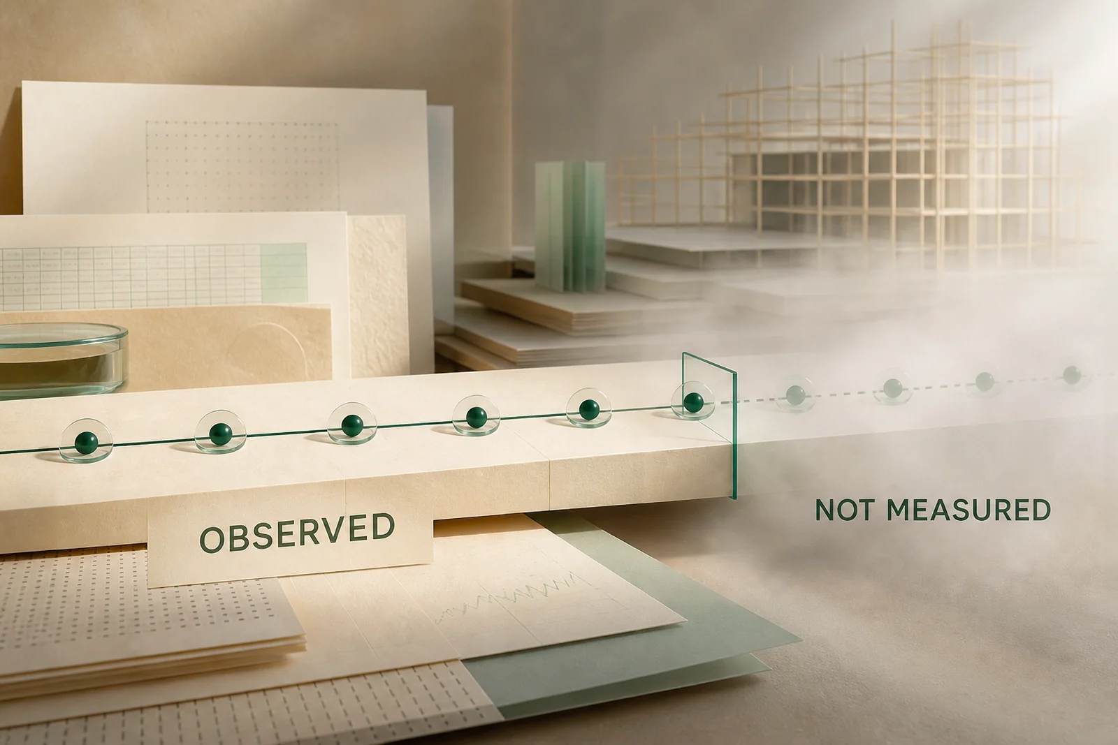 A sage trial track crosses an observation boundary and fades into mist beyond the measured evidence.