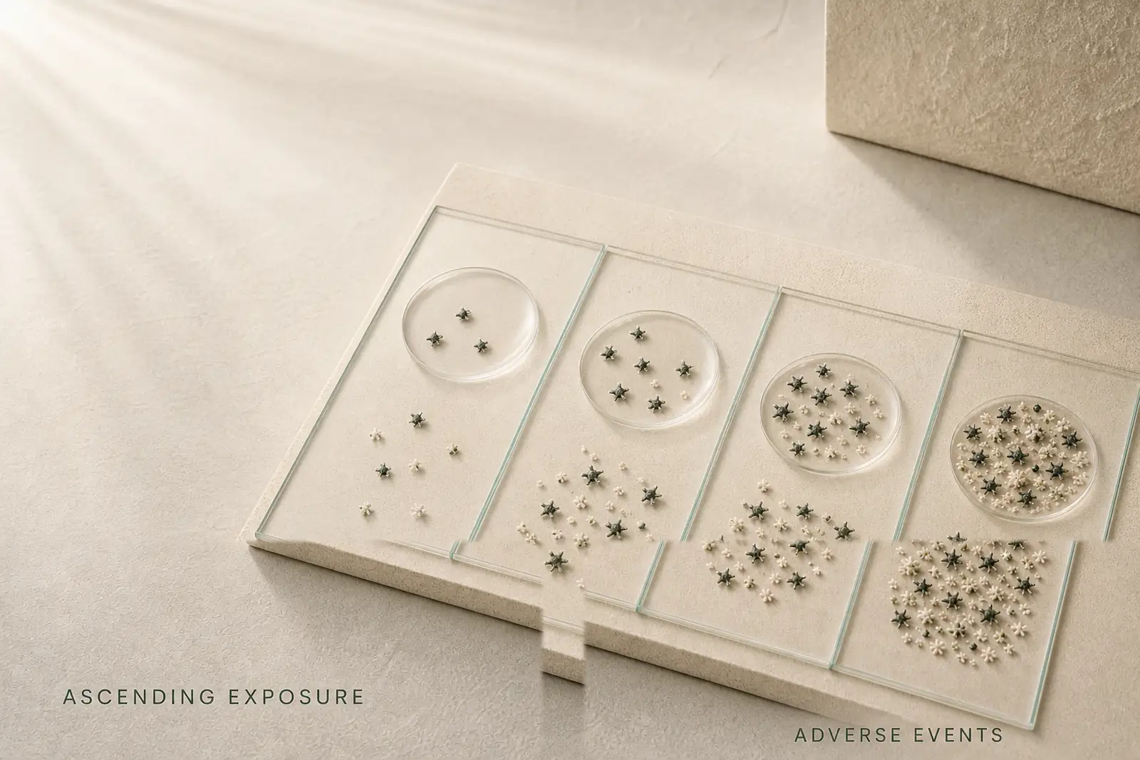 Four glass evidence panels show adverse-event markers increasing across ascending exposure groups.