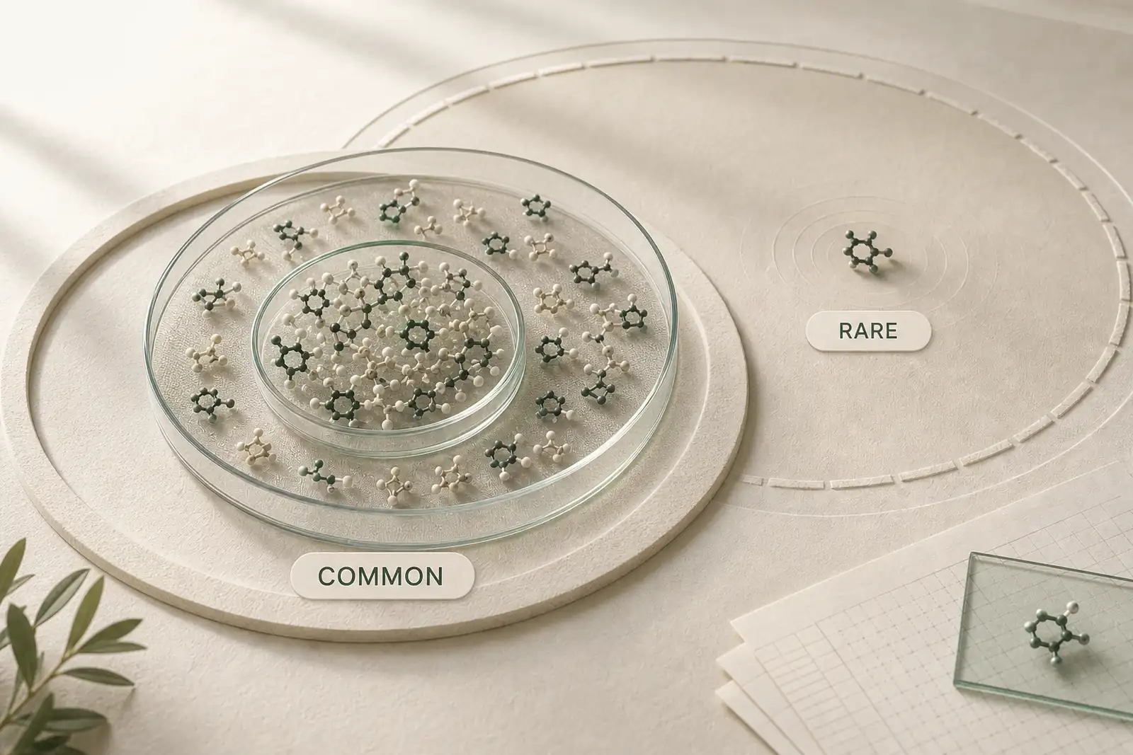 Dense common-event markers sit inside nested evidence fields while one rare marker remains isolated outside.