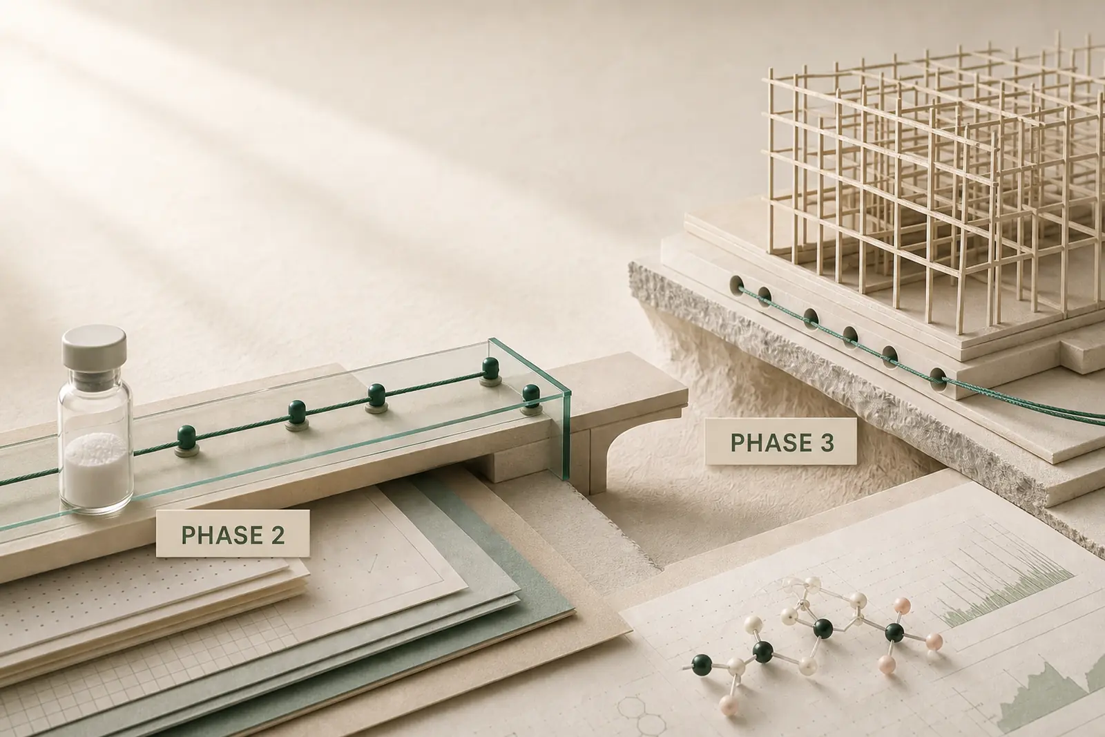 A completed Phase 2 bridge ends at a gap before a broader Phase 3 evidence structure under construction.