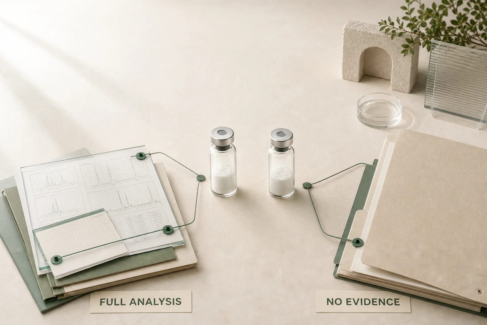 Two matching research vials connect separately to a full analytical dossier and an empty evidence folder.