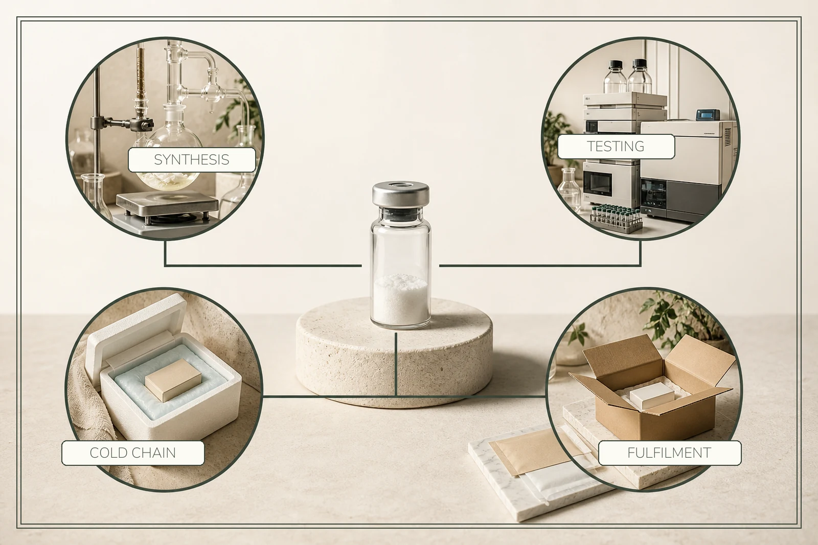A central research vial connects to separate windows for synthesis, testing, cold-chain handling and fulfilment.