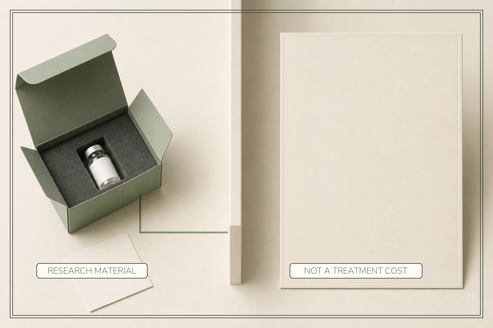 A boxed research vial and supplier record are stopped by a hard boundary before an empty treatment-cost document.